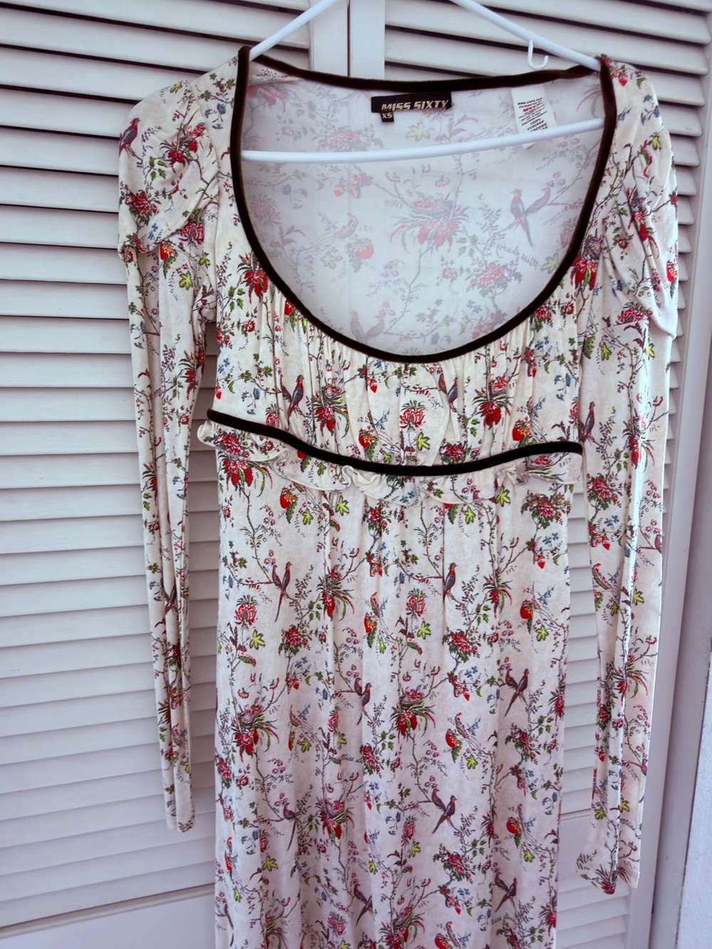 Miss Sixty Cream Floral & Bird Long Sleeve Scoop Neck Top